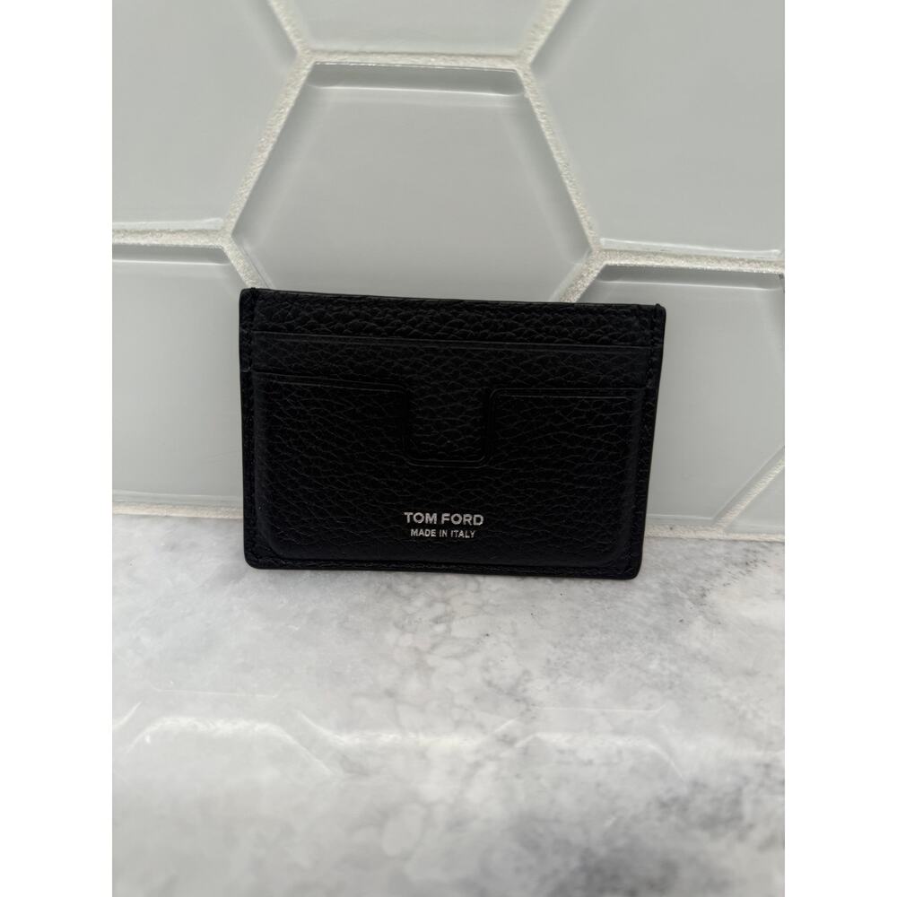 AUTHENTIC Tom Ford T Line Classic Leather Card Holder - Black w/Silver Writing